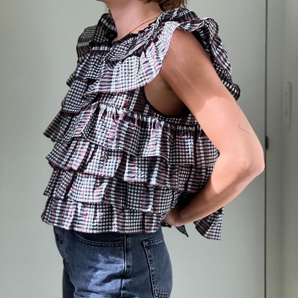 Ganni  brown white and black seersucker top